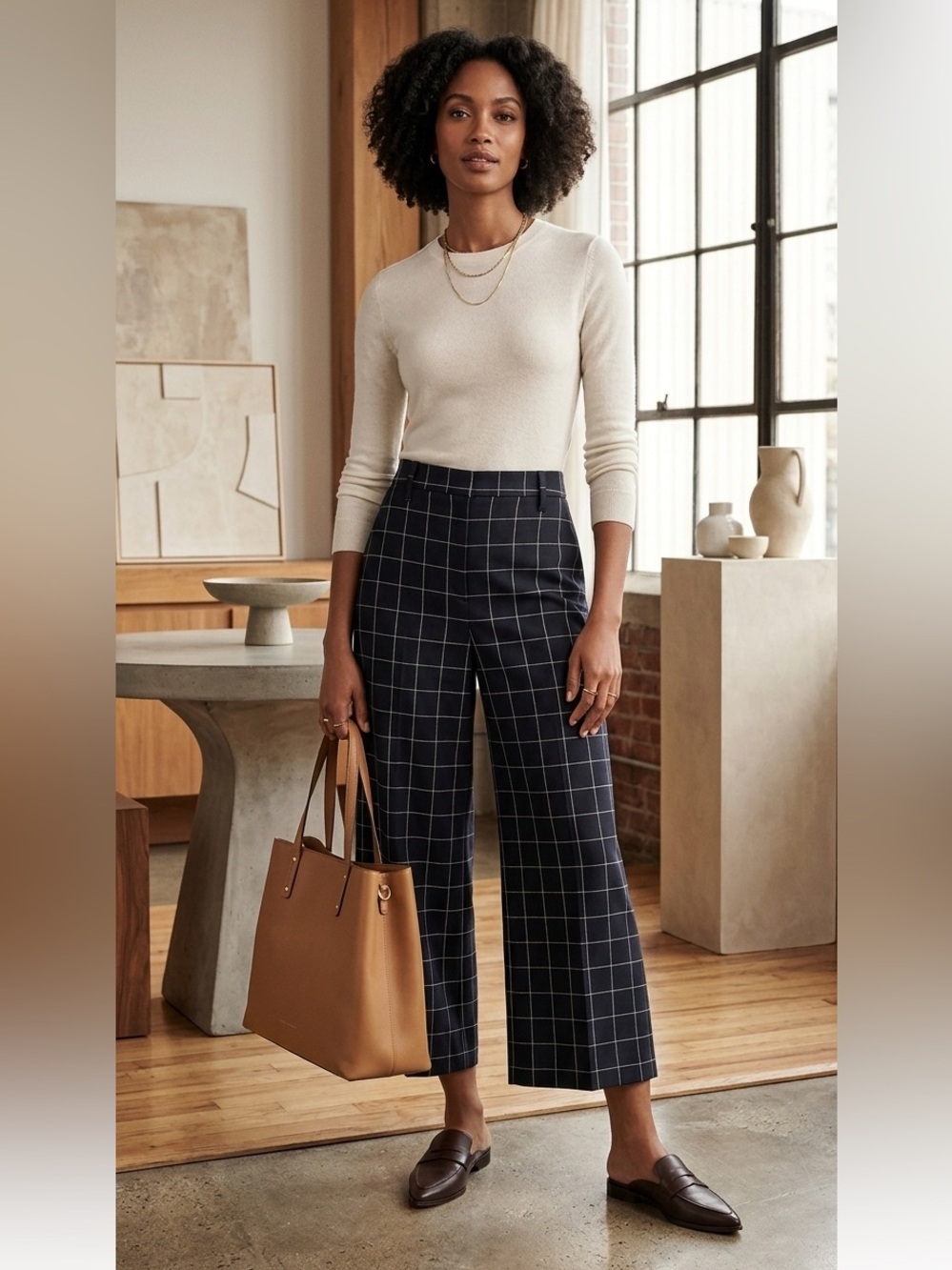 Banana Republic Wide Leg Crop Navy Windowpane Check  Pants Size 6